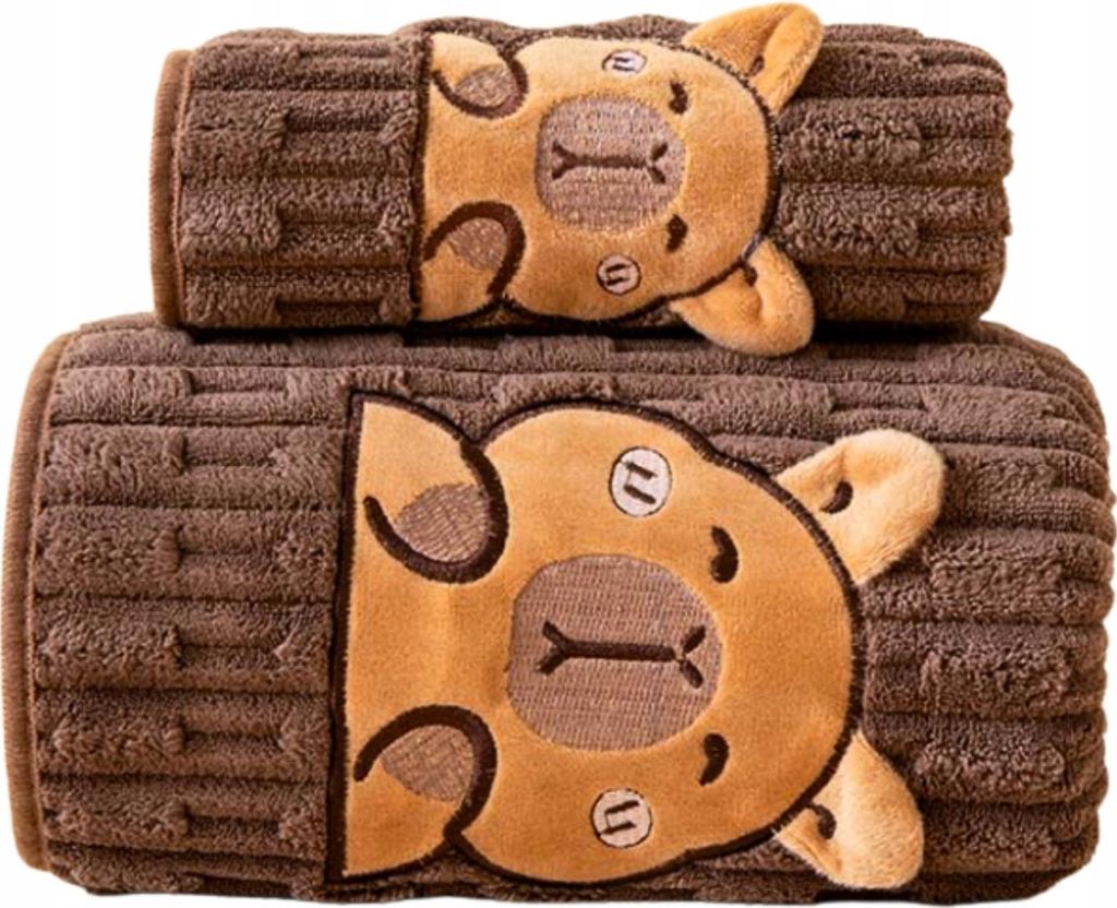 2er Set Kinderhandtücher „Capybara“ – 70x140 & 35x75 cm – Mikrofaser – weich & saugstark – mit Schlaufe & Ohren – braun