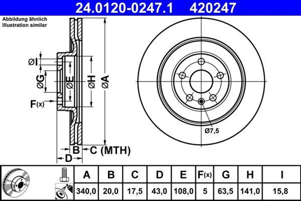 Disque de frein arrière pour XC90 ATE 24.0120-0247.1 Technologie Fonte