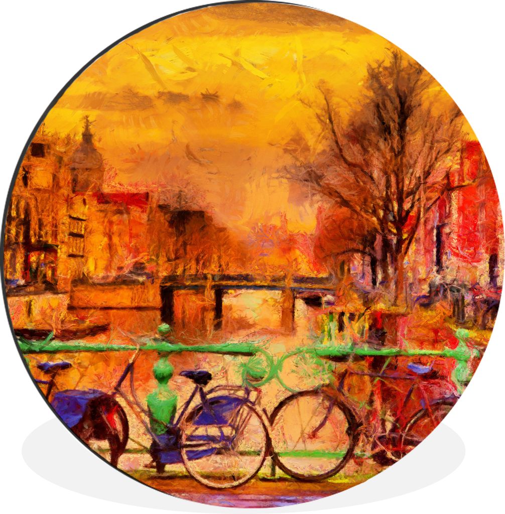 MuchoWow Aluminium Wandkreis Gemälde - Fahrrad - Amsterdam - Gracht - Öl Ø 90 cm Wanddeko Modern Wohnzimmer - Mauerkreis - Wandbilder - Runde ...