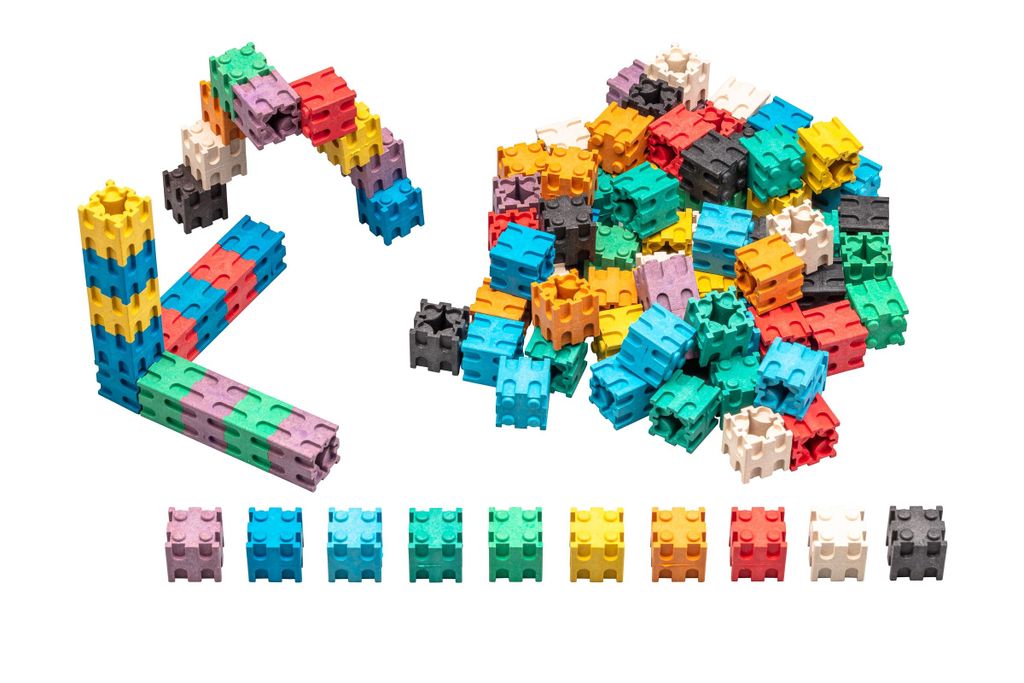 WISSNER RE-Wood Steckwürfel, 100 Stück in 10 Farben, Kreatives Spiel für Kinder