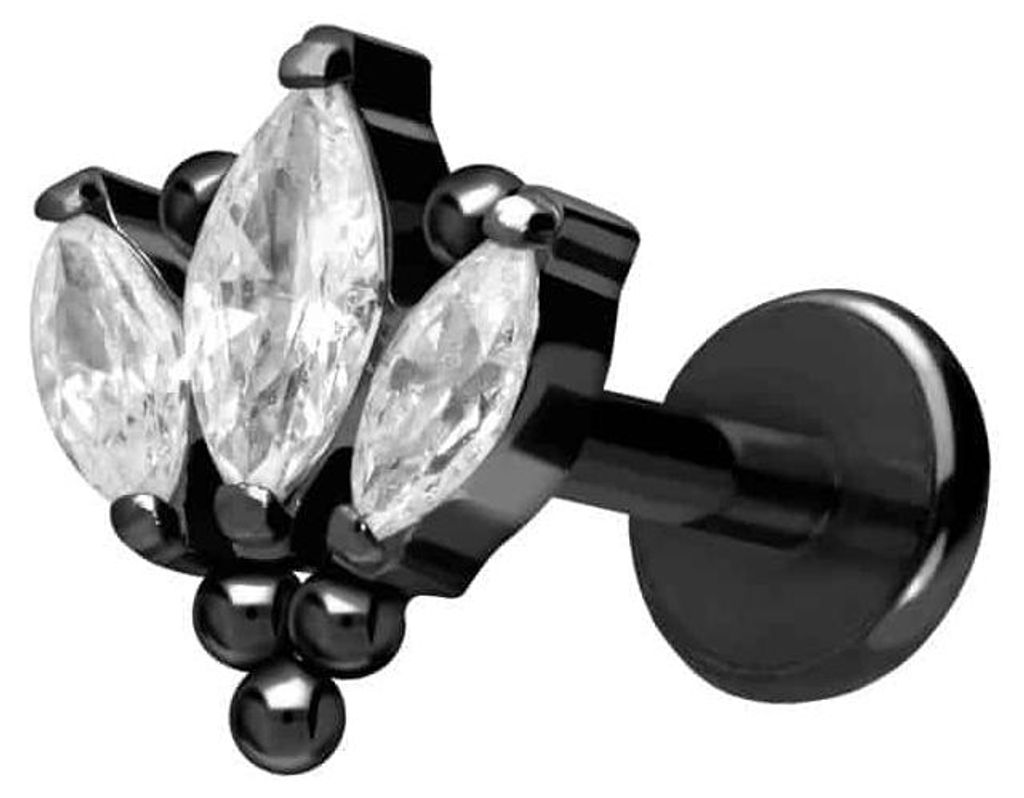 Ohrpiercing, Nasenpiercing Titan Labret mit Push Fit LOTUSBLÜTE + KUGELN Schwarz Stablänge: 7mm | Stabstärke: 1mm