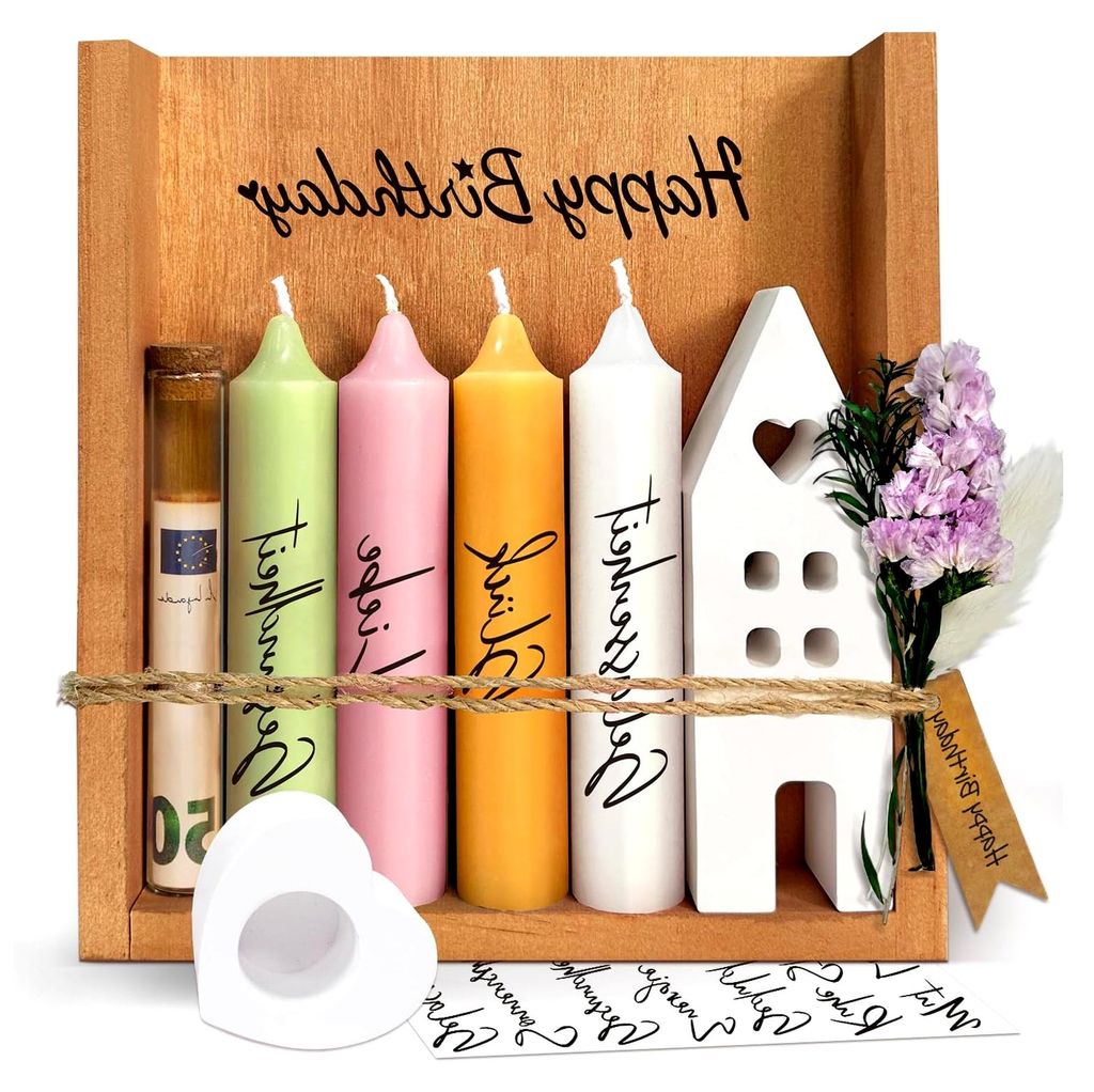 Geburtstagskerzen Geschenke für Frauen Freundin, Kerzen Geschenkset mit Kerzenständer, Kerze mit „Happy Birthday” Spruch, Kerzenhalter Holzki...