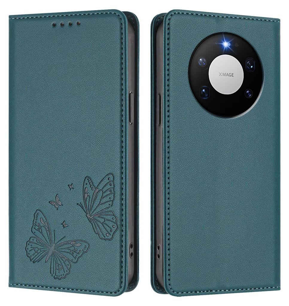 Lederhülle für Huawei Mate 80 Pro, Schmetterling Prägung Leder Brieftasche Schutzhülle mit Ständer Grün