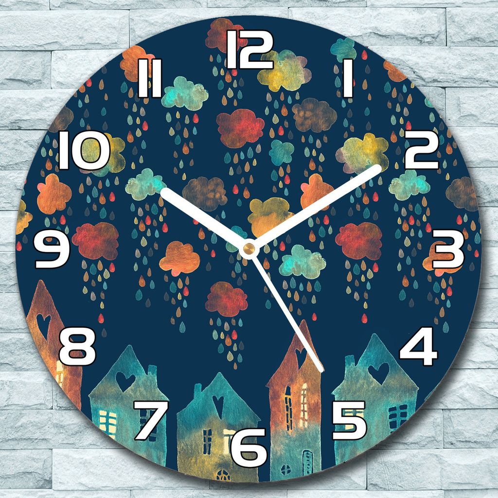 Wanduhr aus Glas Rund fi 30 Bunte Häuser Quarz Deko Produktbild 