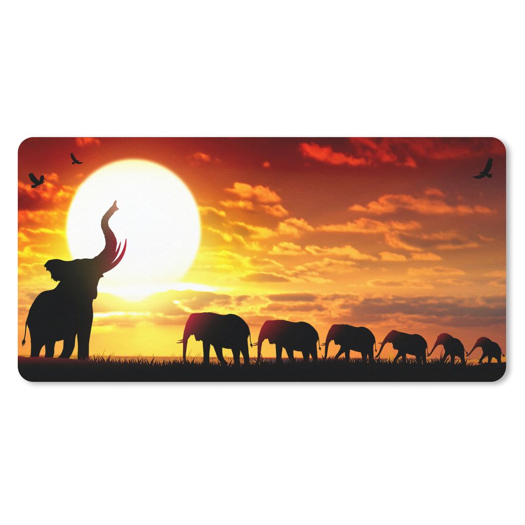 MuchoWow Mauspad Mousepad Eine Illustration von Elefanten in einer Landschaft mit einem Sonnenuntergang 60x30 cm - Mousepads - Maus Mat - Pad - M...