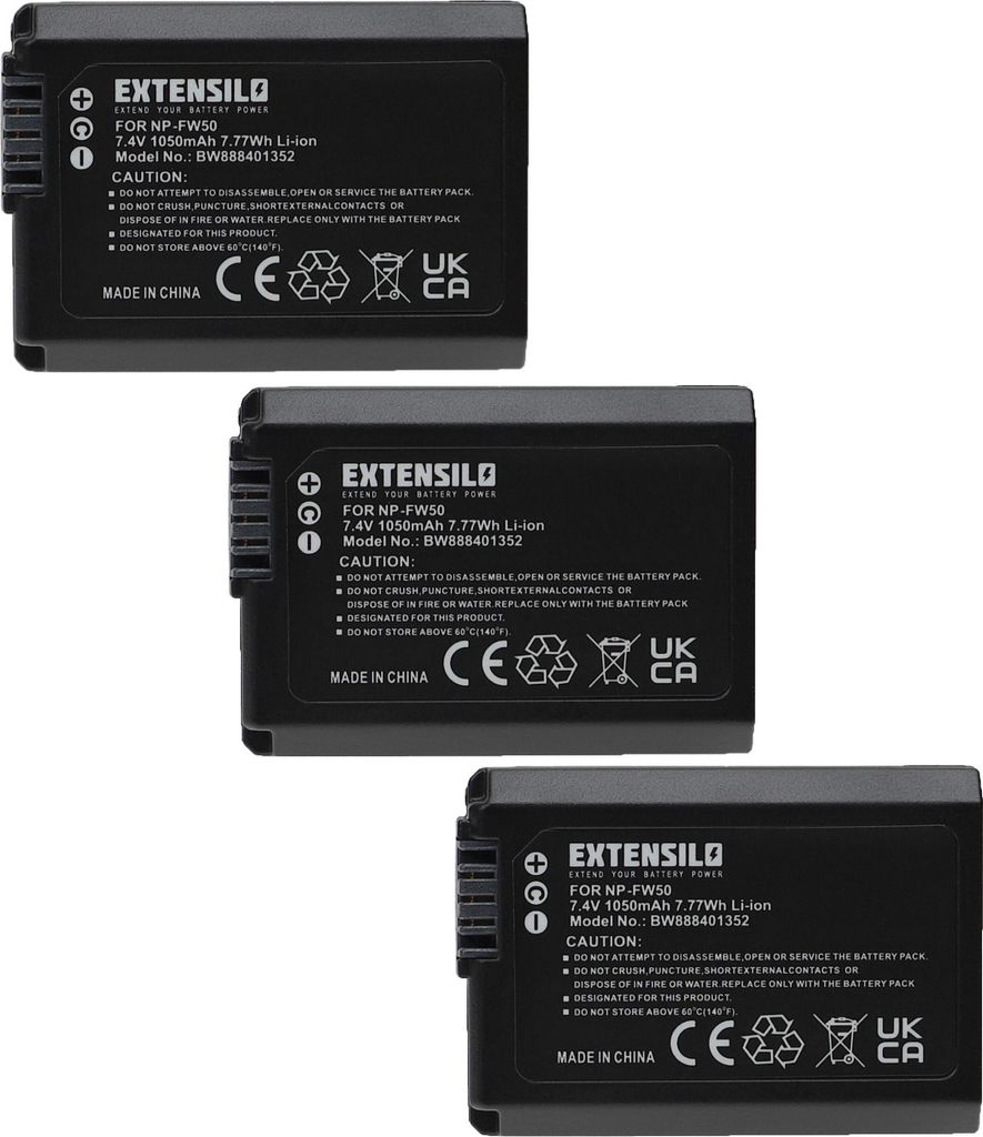 EXTENSILO 3x Akku kompatibel mit Sony ZV-E10, RX1R III Kamera (1050 mAh, 7,4 V, Li-Ion)
