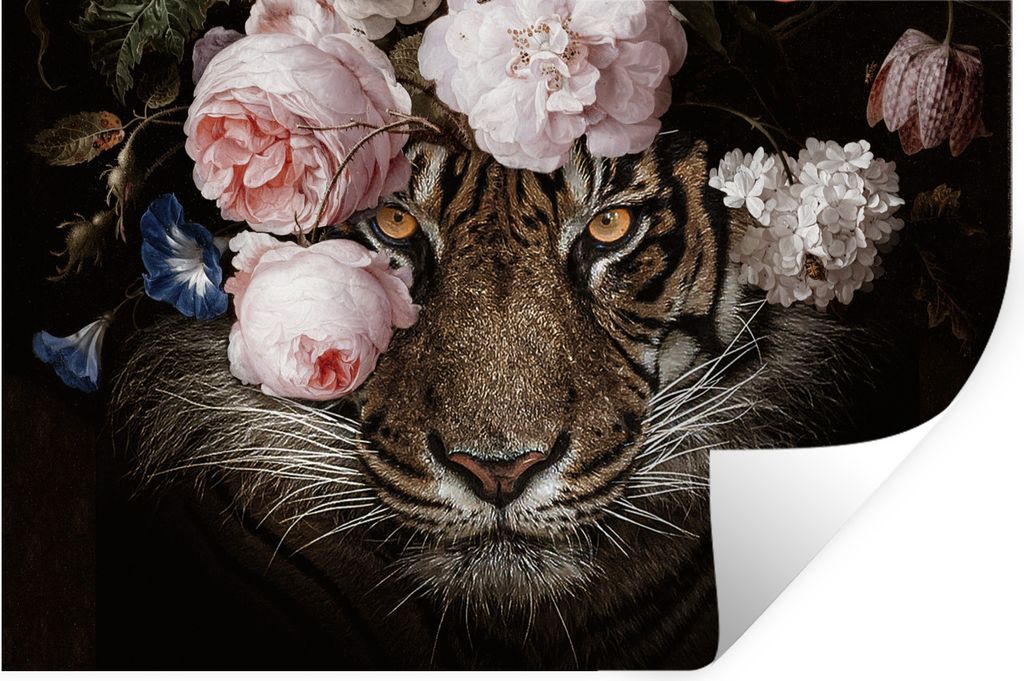 MuchoWow Wandtattoo Wandsticker Wandaufkleber Tiger - Blumen - Porträt 90x60 cm Selbstklebend und Repositionierbar - Aufkleber