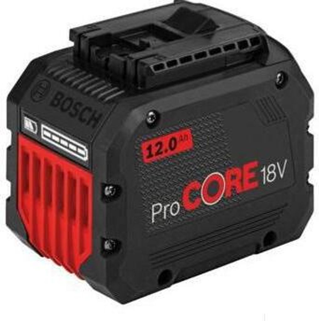 A black and red Bosch ProCORE 18V 12.0 Ah battery pack is shown against a white background.