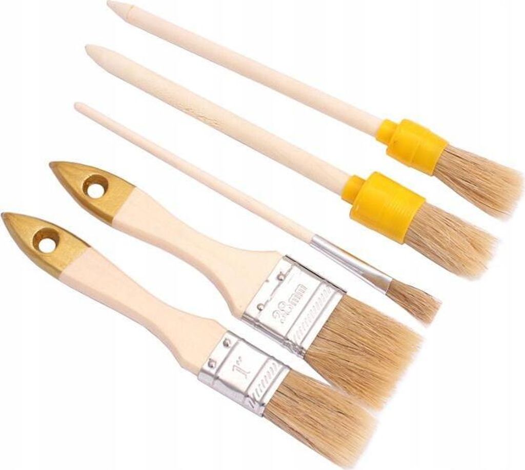 A set of five paintbrushes with wooden handles and metal ferrules, arranged diagonally on a white background.