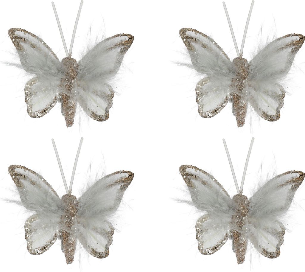 Schmetterling mit Federn & Clip 5cm 4er Set Gold / Weiß