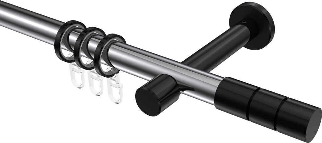 Interdeco Gardinenstange / Vorhangstange Chrom / Schwarz, Typ Prestige Elanto (Rillenzylinder), 20 mm Ø 1-läufig, 240 cm