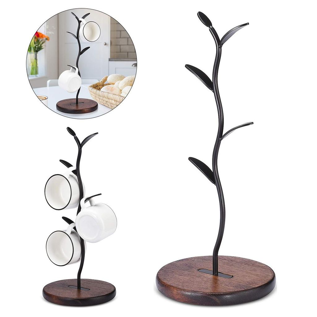 Tassenständer, Tassenhalter für die Küche, Tassenregal für Kaffeetassen und Becher, Kaffeebar-Zubehör und Küchenorganisation (schwarz, 4 Haken)