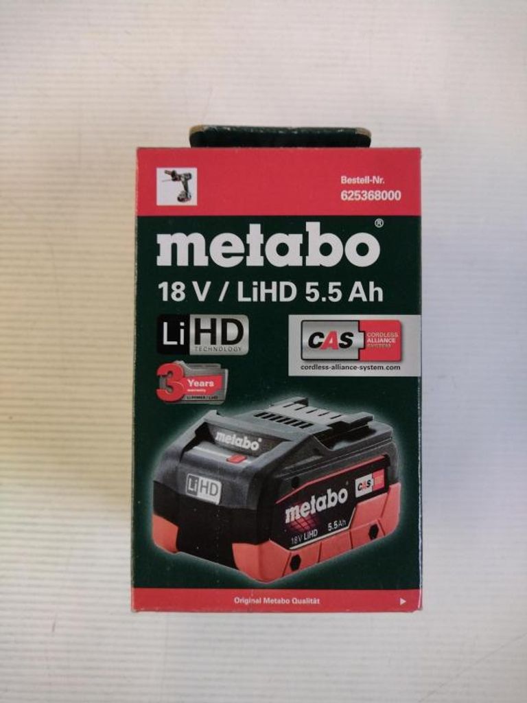 A product box for a Metabo battery pack.