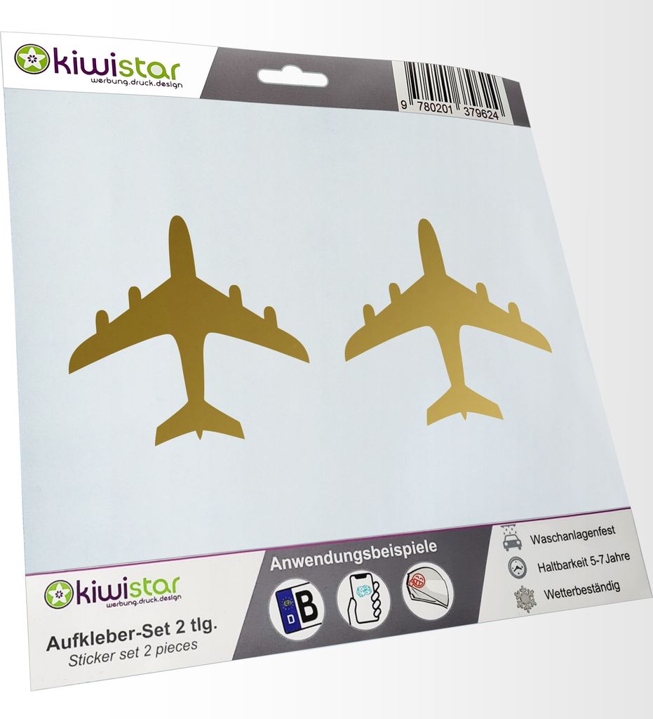 Kiwistar - 2x Kennzeichenaufkleber - gold - 21 mm Flugzeug - Airplane Aufkleber für Auto, Laptop, Fahrrad, LKW, Motorrad Mehrfarbig JDM Decal Racing