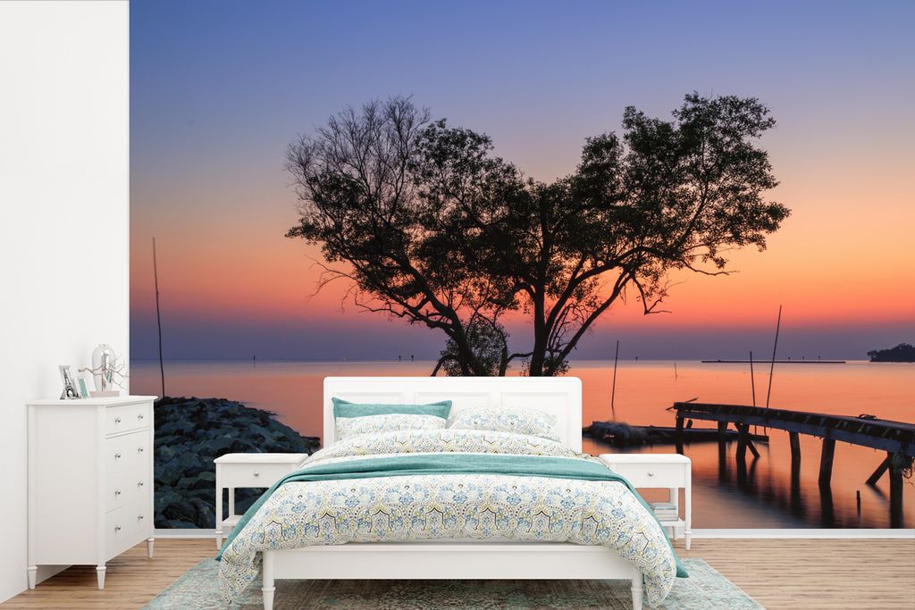 MuchoWow Fototapete für Wohnzimmer oder Schlafzimmer Wandtapete Vinyl Motivtapete Baum und romantischer Sonnenuntergang Ko Tao in Thailand - 525...