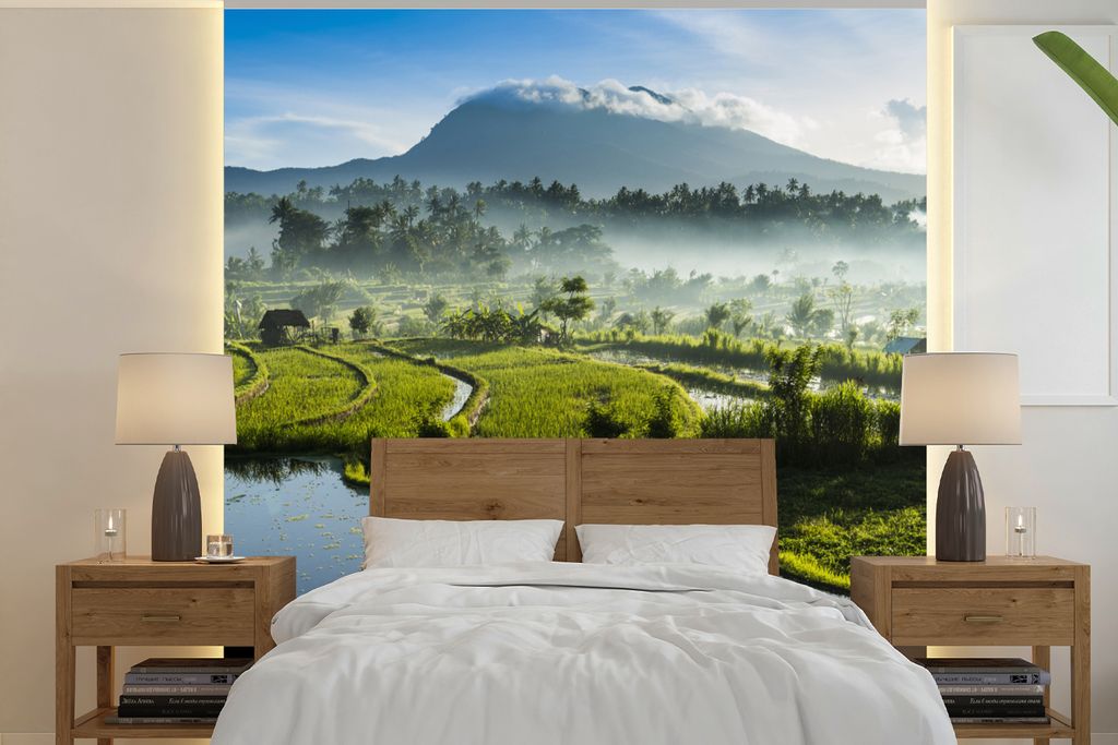 MuchoWow Fototapete für Wohnzimmer oder Schlafzimmer Wandtapete Vinyl Motivtapete Indonesien - Reis - Nebel - 280x280 cm - Hintergrundbild