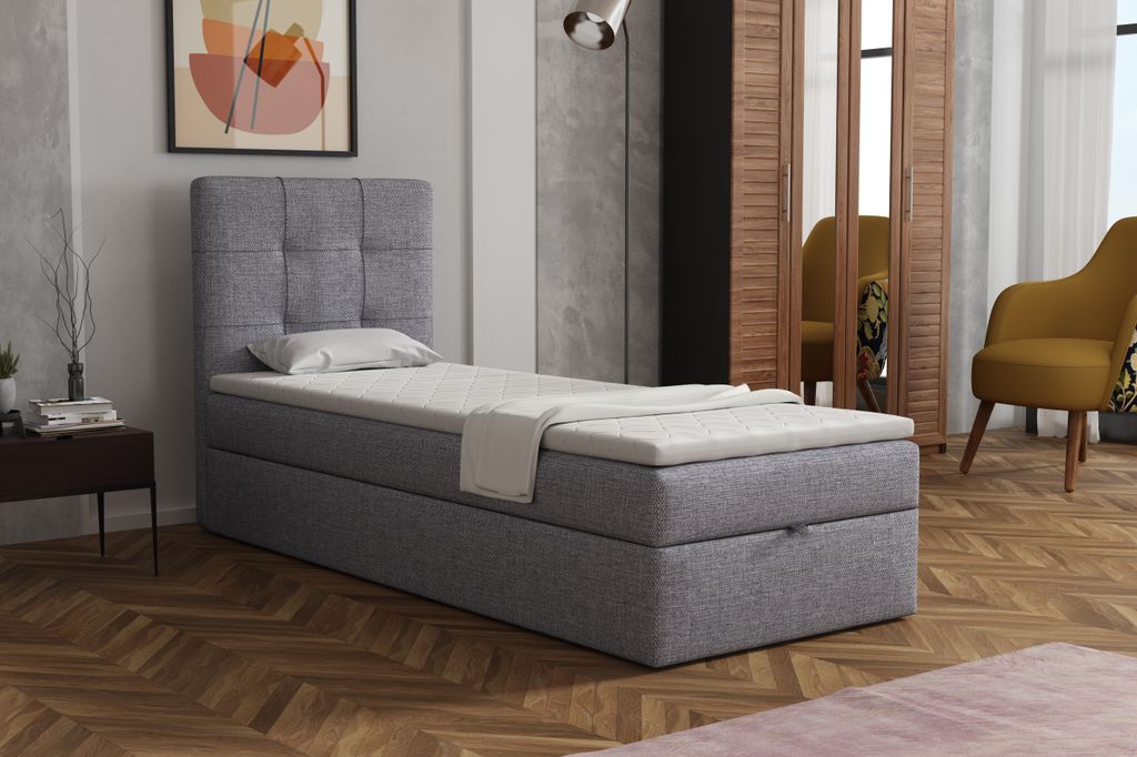 MR GROUP Boxspringbett NAPOLI 70x200 cm Kinderbett, Jugendbett, Einzelbetten, Bett mit Stauraum, Polsterbett Matratze Topper H3 Schlafzimmer, hellgrau