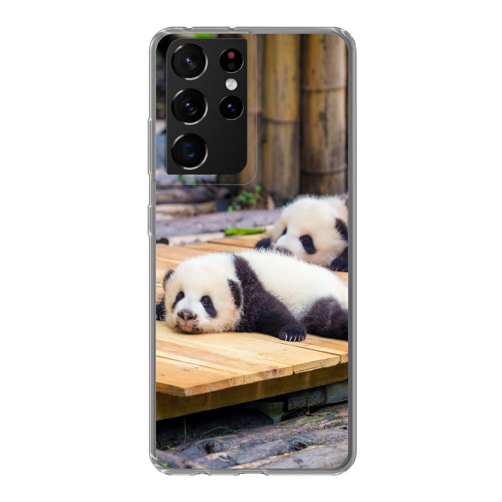 MuchoWow Handyhülle Schutzhülle Hülle für Samsung Galaxy S21 Ultra Pandas - Boden - Holz Silikon Softcase Handy Hülle - Mobiltelefon