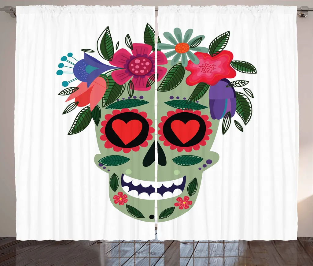 ABAKUHAUS Tenda rustica con teschi di zucchero, ghirlanda di fiori messicani, tenda universale per soggiorno con passanti e ganci, 280 x 175 cm, multicolore