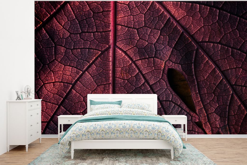 MuchoWow Fototapete für Wohnzimmer oder Schlafzimmer Wandtapete Vinyl Motivtapete Abstrakt - Rot - Blätter - Pflanze - 320x240 cm - Tapeten