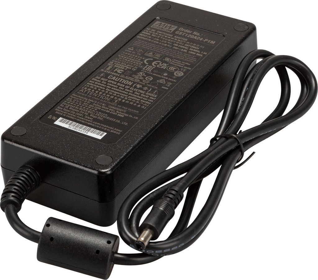 A black AC-DC power adapter with a coiled cable is shown on a white background.