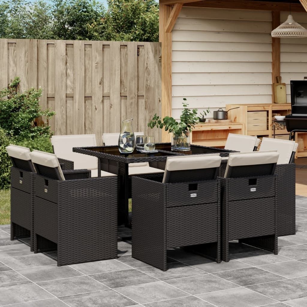 Maison Exclusive - 9-tlg. Garten-Essgruppe mit Kissen Schwarz Poly Rattan