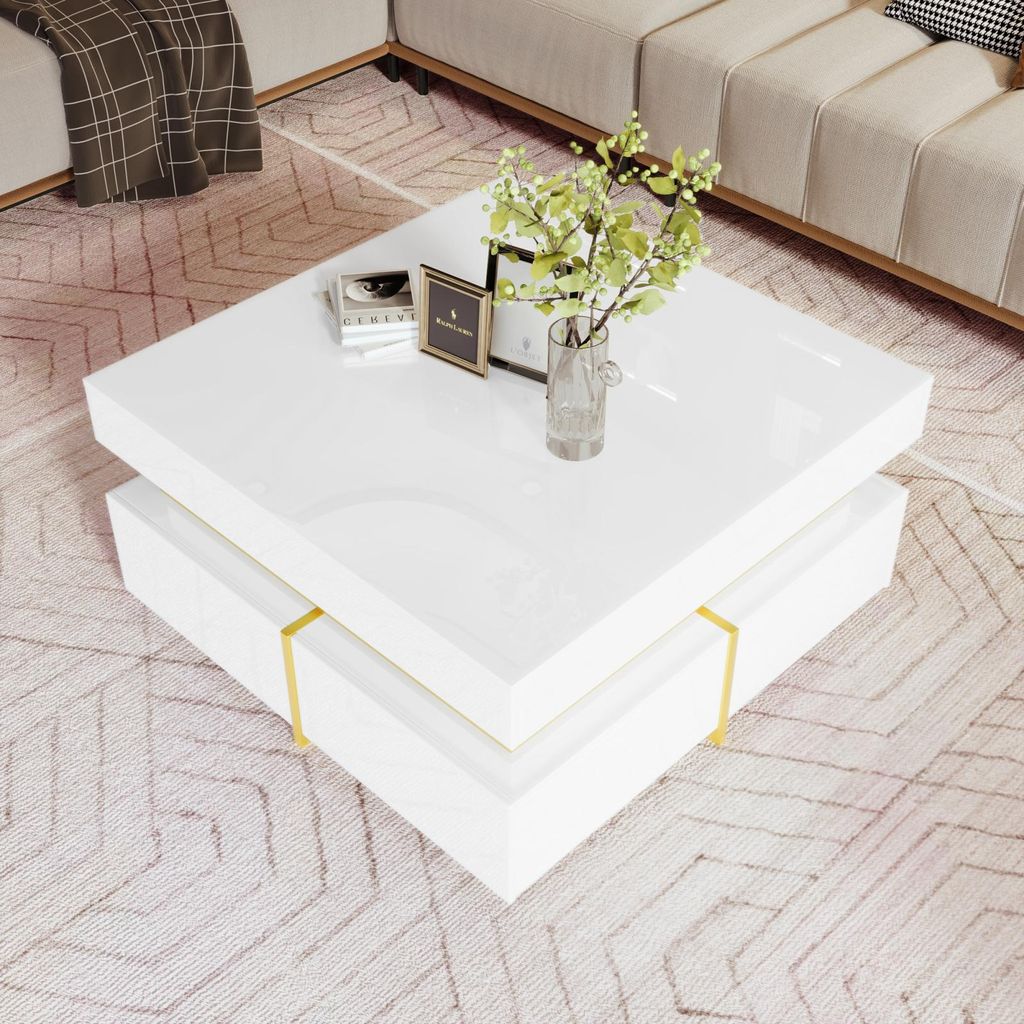 Couchtisch, quadratischer Hochglanztisch mit Schubladen und goldenen Akzenten, weiß