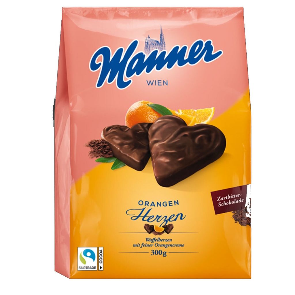 Verpackungsbild Manner Schokoladen Waffeln in Herzform mit Orangencremefüllung 300g