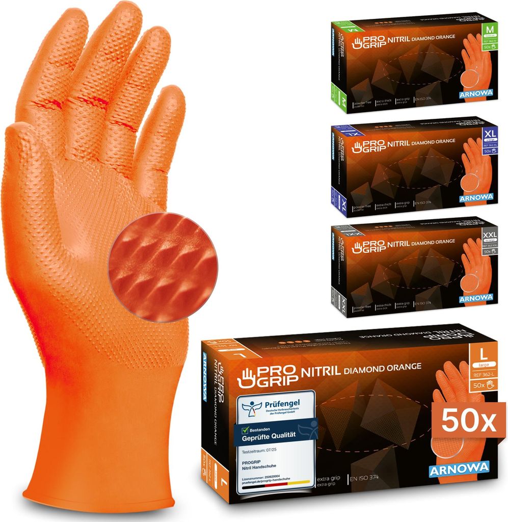 Produktbild von Mercator GoGrip-Pro Nitril Handschuhe – Diamanttextur, Orange, Größe S, Puderfrei, Einweg