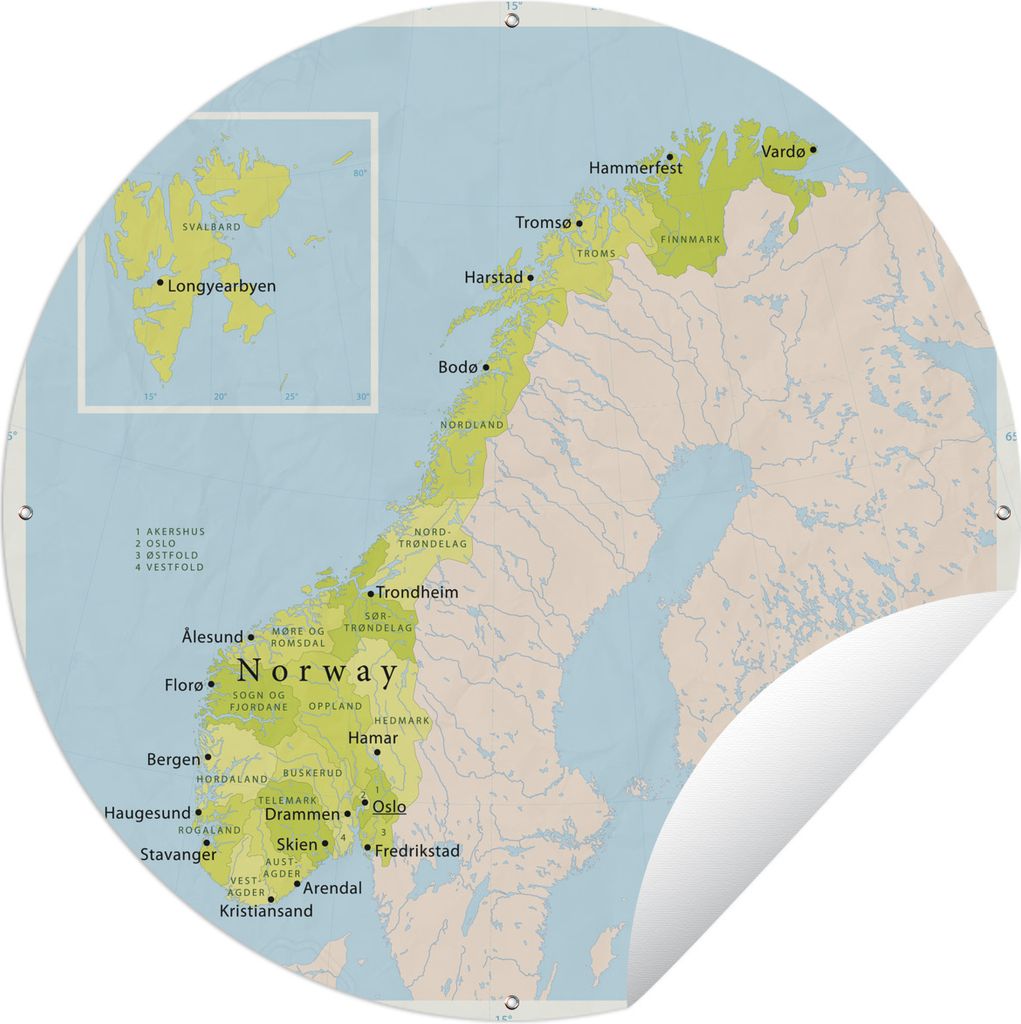 MuchoWow Gartenposter Outdoor-Poster Rund Karte von Norwegen mit wichtigen Städten Ø 60 cm Gartendeko Rundes Poster draußen
