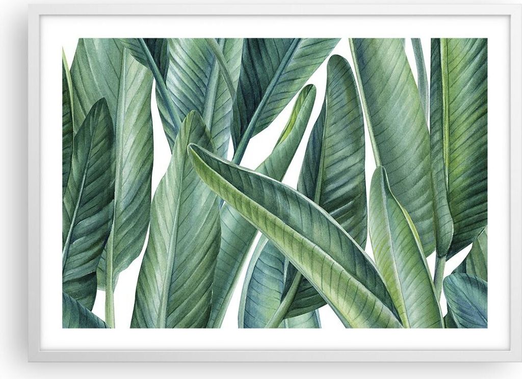 Gerahmtes Poster - Weißer Rahmen - Exotisch Blätter Grün - 70x50 cm - Wand Bild - Wanddeko - Wandbilder - Kunstposter - Wandposter - Bilderrahme...