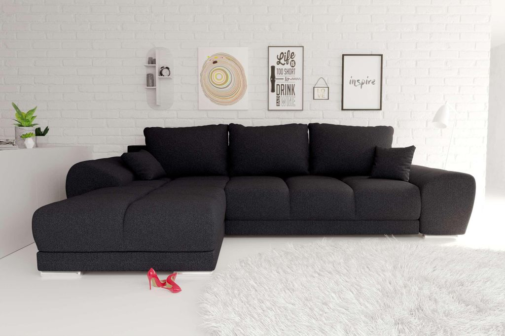 99rooms Antalya Ecksofa Strukturstoff NEVE Schwarz Links mit Schlaffunktion
