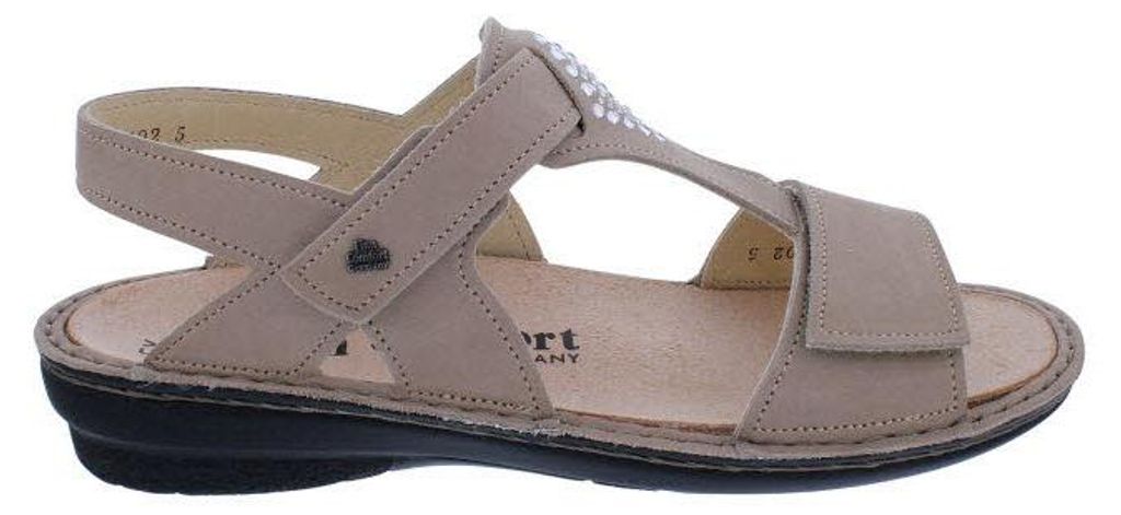 Finn Comfort Sandale Calvia 2807-007081, Taupe-Beige, Nubukleder mit Glitzersteinen, Klettverschluss, Fußbett zum Wechseln 41