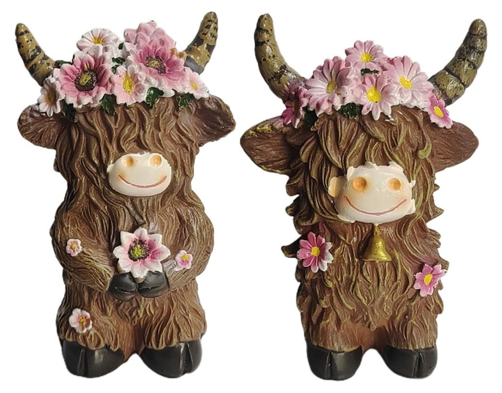 2er-Set Hochlandrind-Figuren mit Blumen, kleine Hochlandrind-Statue aus Kunstharz, Frühlings-Bauernhaus-Skulptur, schottische Rinderfigur für Zuh...
