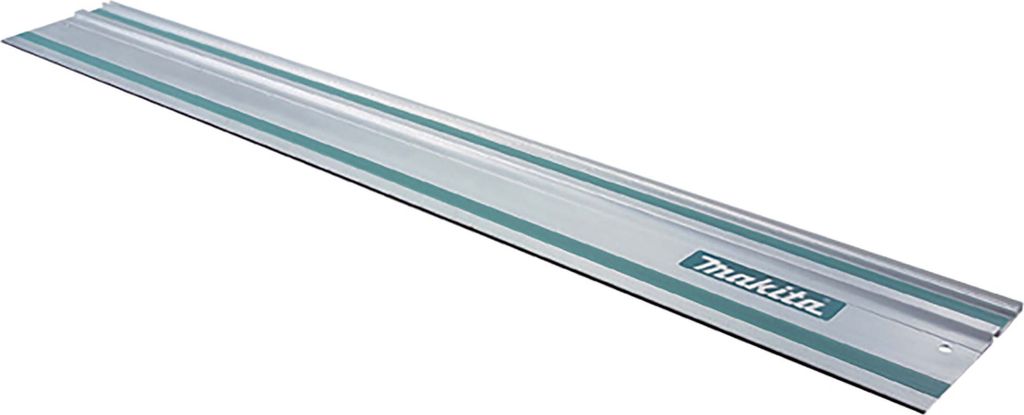 A long, silver track saw guide rail with green accents and the Makita logo.