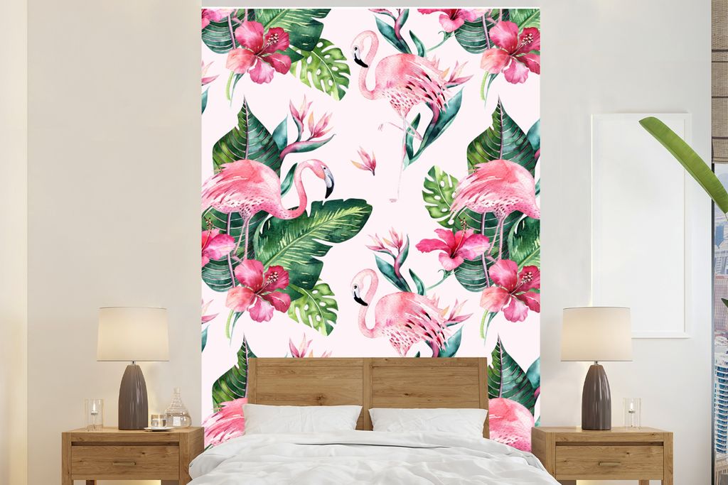 MuchoWow Fototapete für Wohnzimmer oder Schlafzimmer Wandtapete Vinyl Motivtapete Blumen - Flamingo - Pflanzen - 160x240 cm - Vinyltapete