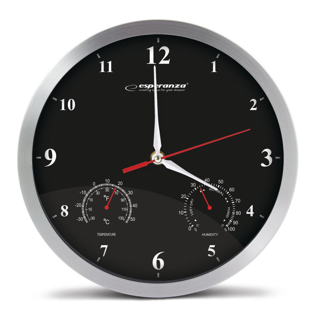 A black analog wall clock with a silver frame, featuring a thermometer and hygrometer.