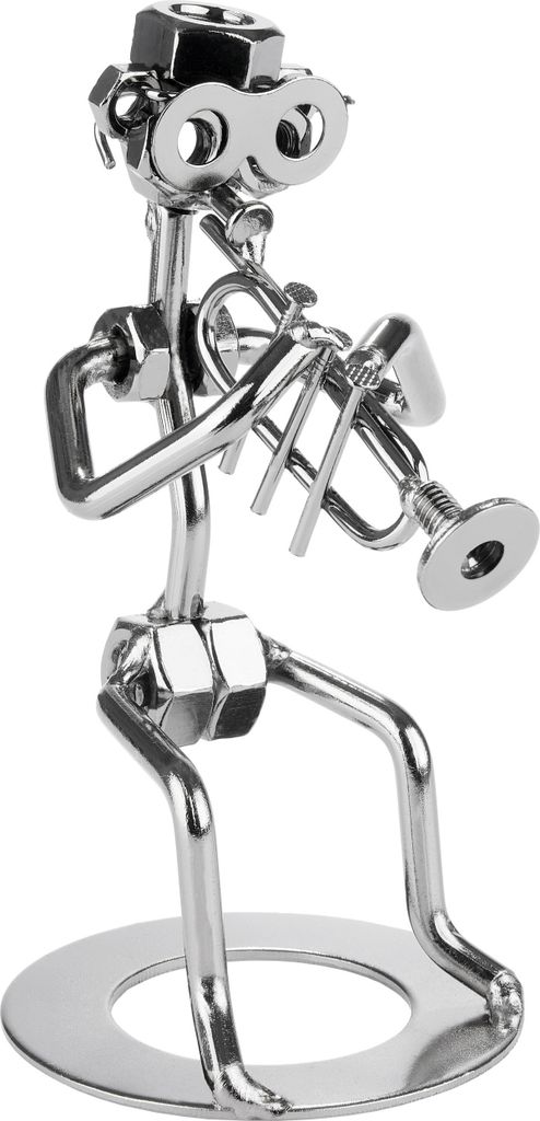 A metal figurine of a musician playing a trumpet, made from nuts, bolts, and other hardware.