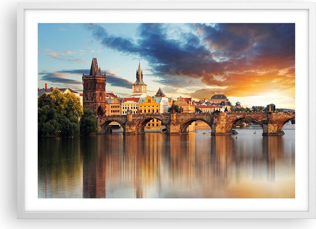 Gerahmtes Poster - Weißer Rahmen - Prag brücke geschichte fluss - 70x50 cm - Wand Bild - Wanddeko - Wandbilder - Wandposter - Bilderrahmen - Bild...