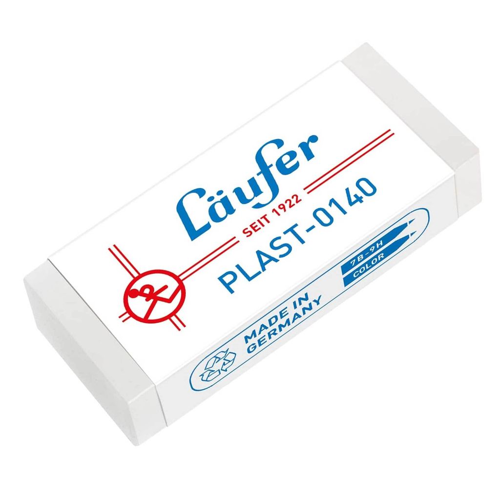 A white eraser with blue and red text and logos on a white background.