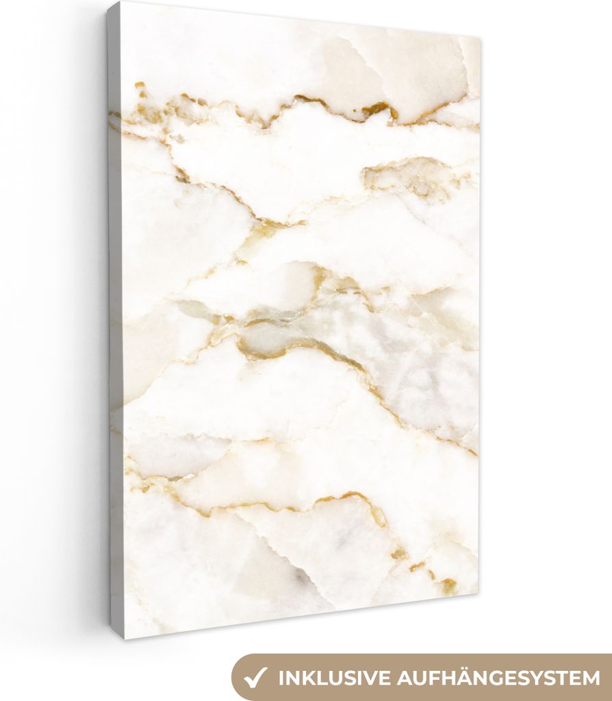 MuchoWow - Leinwandbilder - Marmor - Limette - Gold - Luxus - Marmoroptik - Weiß, Wandbild, Wanddeko Bilder Wohnzimmer, 80x120 cm