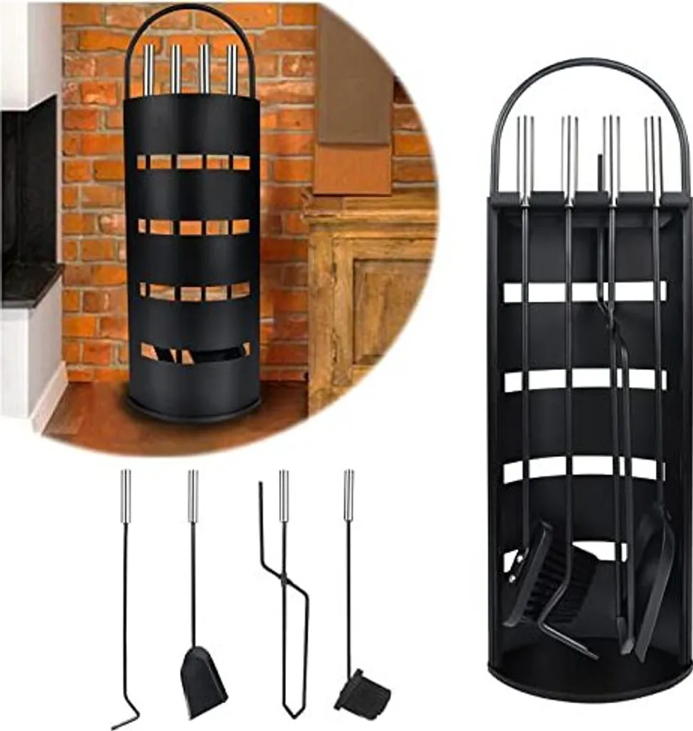 Serviteur de cheminée moderne noir kit 5 pièces en inox avec tisonnier