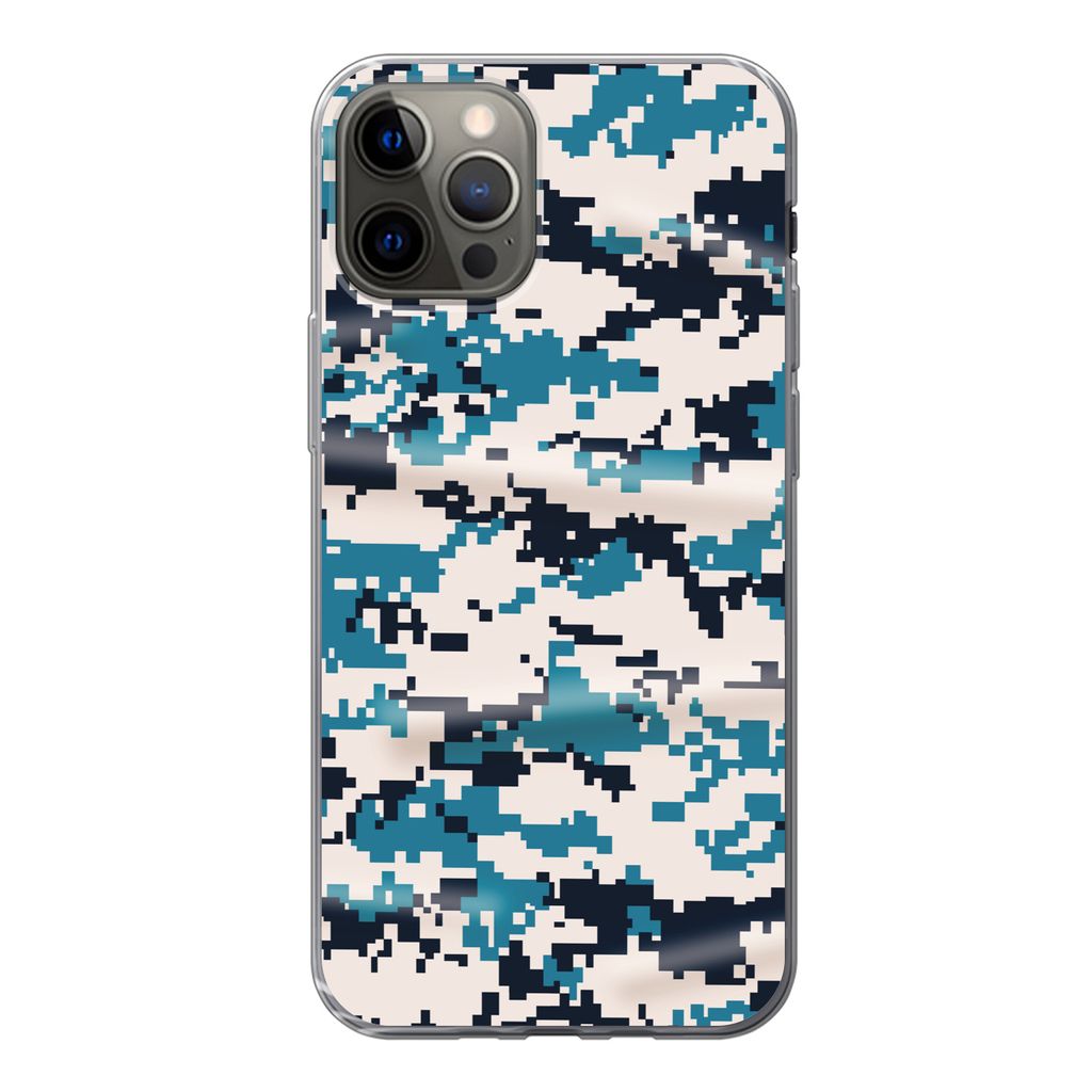 MuchoWow Handyhülle Schutzhülle Hülle für iPhone 12 Pro Blaues und weißes Camouflage-Muster Silikon Softcase Handy Hülle - Abdeckung