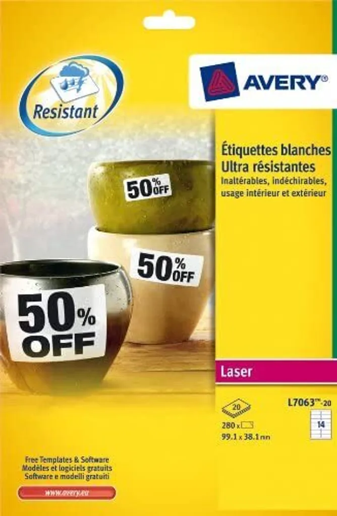 Avery L7063 Étiquettes Blanches Ultra-Résistantes Laser 99,1x38,1mm