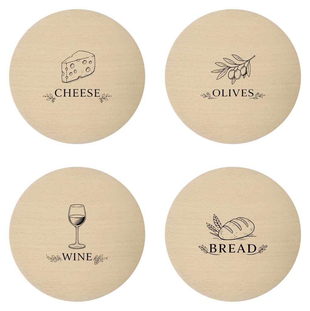 Gravierte Holzuntersetzer – 4er-Set, Wein-, Brot-, Käse- und Olivenmotiv, Buche, 10 cm