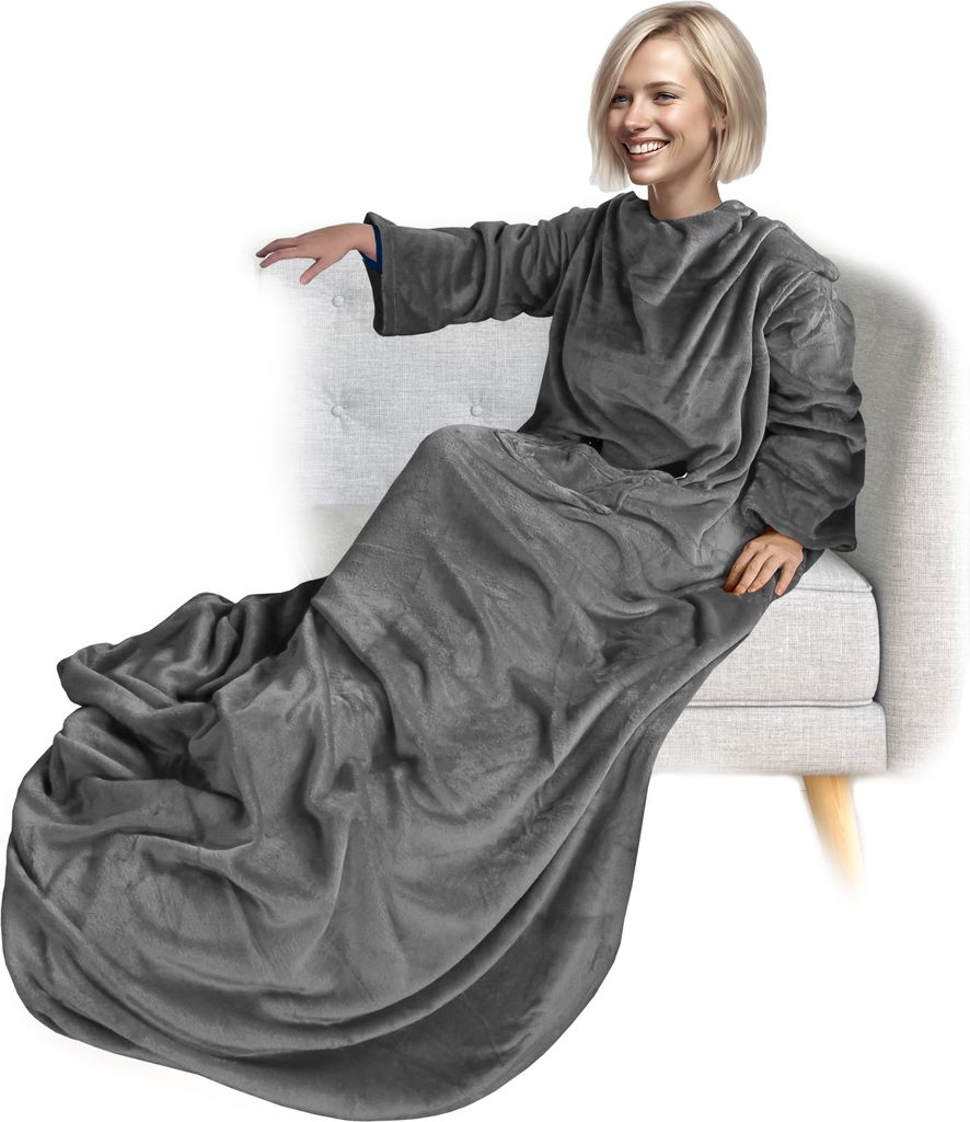 NYVI Ärmeldecke CozyWear Deluxe 150x180 cm Anthrazit - Kuscheldecke mit Ärmeln, 2 Brusttaschen, Fußtasche - Kuschelige TV-Decke für Erwachsene ...