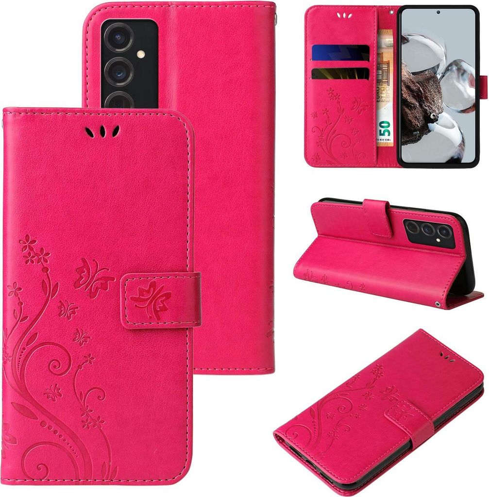 Handyhülle für Samsung Galaxy S24 Floral Blumen Schmetterling Flip Cover Hülle Case Klapphülle Handytasche Farbe: Pink