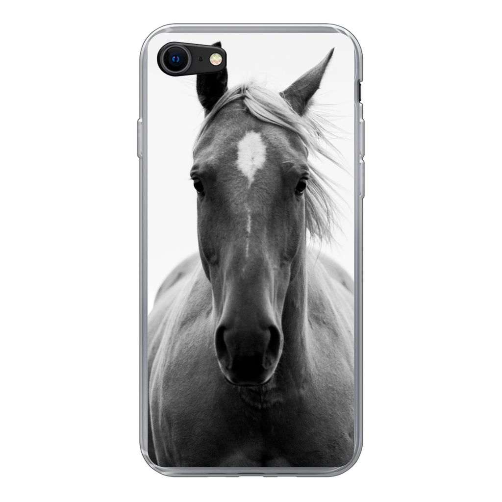 MuchoWow Handyhülle Schutzhülle Hülle für iPhone 8 Pferd - Tier - Schwarz - Weiß Silikon Softcase Handy Hülle - Schutzhaube