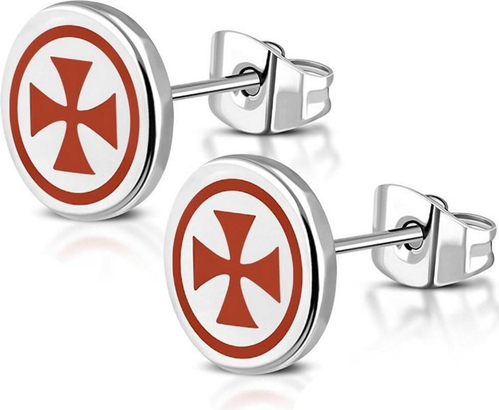 Ohrstecker Kreuz rund mit rotem Druck Silber aus Edelstahl Uni