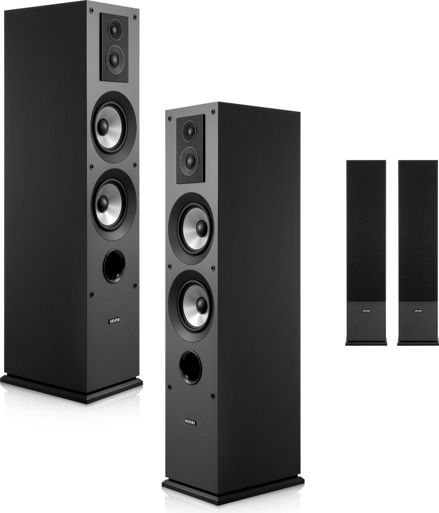 A studio shot of four black floor standing speakers on a white background.